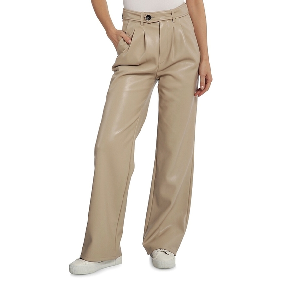 Avec Les Filles High Rise Pleated Wide Leg Vegan Leather Pants - Picture 1 of 9